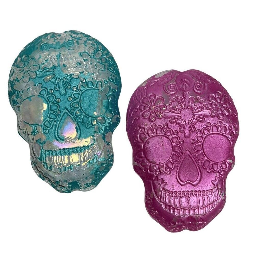 Two Glass Skull Iridescent Plates Pink and Blue Decor Dish